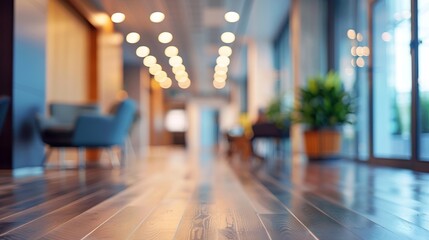 This image captures a contemporary office lobby with wood flooring and blurred seating areas, portraying a sense of motion and activity within a professional environment