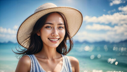 Portrait of beautiful woman wearing sun hat on sea background