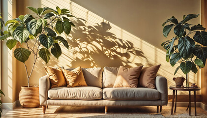 Wall Mural - Wall casting a leaves long shadow on the living room