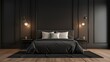 © Tawassul - Modern interior design of dark black luxurious bedroom with wood slat wall and accent lighting with multiple flower vases. tawassul