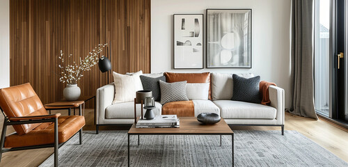 Contemporary Scandinavian living room with a dynamic mix of textures, from smooth leather to soft wool.