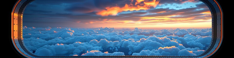 Wall Mural - Stunning View of a Cloudy Sunset from the Oval Window of an Airplane at High Altitude