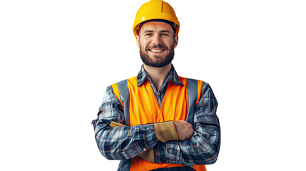 Poster - Smiling Face Male Bricklayer With Safety And Crossed Arms Isolated on a Transparent Background. PNG.