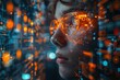 Featured here is a futuristic image of a man with technology elements presented in a cyberpunk style to illustrate the idea of digital transformation or the idea of deep learning