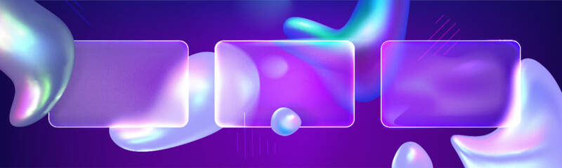Poster - glass morphism background with abstract fluid holographic shapes and transparent blur rectangular ba