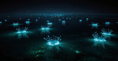 Wall Mural - Dive into the enchanting world of bioluminescence in the sea, where tiny plankton emit a magical glow, illuminating the water with their luminous presence