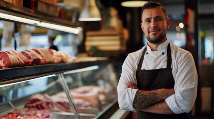 Friendly butcher stands confidently at meat counter, arms crossed, flashing warm smile. Dressed in pristine white apron, exuding professionalism. Display case showcases succulent raw steaks