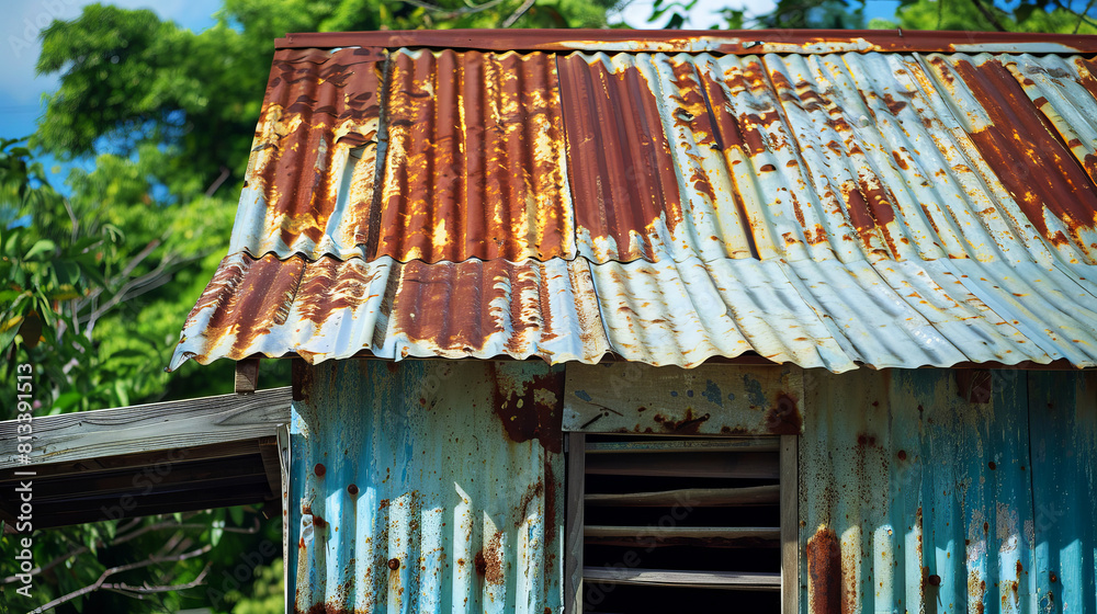 Weathered rusty corrugated metal roof in bright daylight, showcasing ...