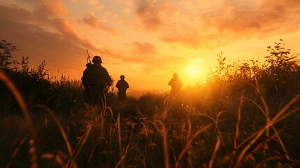 Wall Mural - Silhouette of father and son walking in the field at sunset