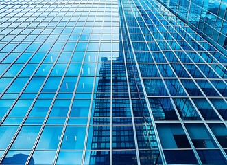 close up of a modern glass building facade with blue windows, a business center visible in the city 