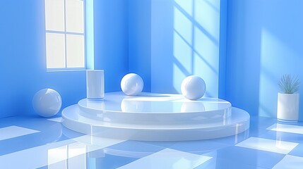 Modern blue room with minimalist display podium and spheres, sunlit, minimalistic design, serene atmosphere, abstract shapes.
