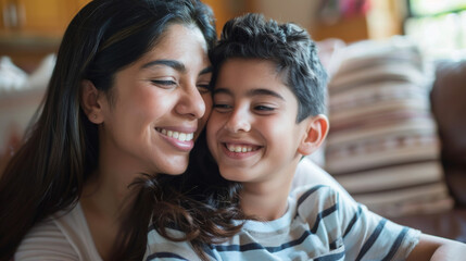 affectionate moment between smiling latin american mother and latino son at home, showcasing a warm,