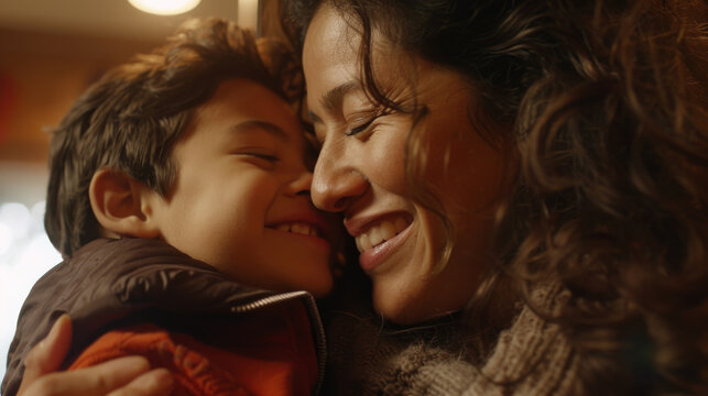 affectionate moment between smiling latin american mother and latino son at home, showcasing a warm,