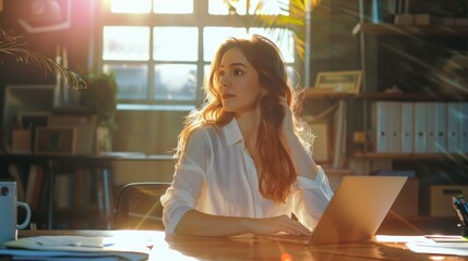 Aufkleber - A woman is seated at a table, engaged with a laptop screen in front of her. She appears focused and productive in this home office setting.