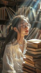 Poster - A woman is seated in front of a tall stack of books, looking focused and engaged in reading. The books are neatly arranged, and the setting appears to be a library or study room.