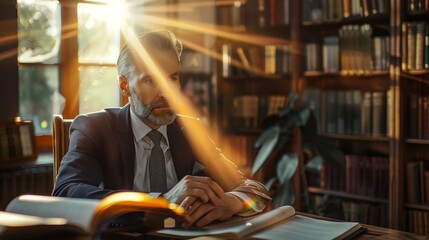 Poster - A man in professional attire is seated at a desk in a library, surrounded by books and documents. He appears focused and engaged in reading or research.