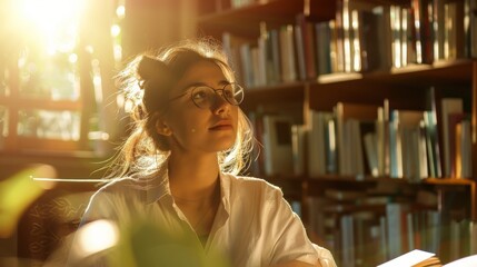 Poster - A woman is sitting at a desk in a library, looking at a book. She is wearing glasses and has her hair in a ponytail. Concept of focus and concentration, as the woman is likely studying or reading