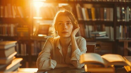Poster - A woman is seated at a table positioned in front of a bookshelf. She appears focused, possibly reading or studying material from the numerous books neatly arranged behind her.