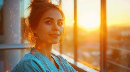 Poster - A woman in a blue shirt is smiling at the camera. The sun is shining through the window, casting a warm glow on her face