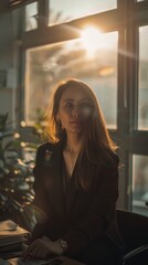 Fototapete - A woman is seated at a desk, facing a window. She is focused on her work, with natural light streaming in from outside. The room is quiet and conducive to concentration.
