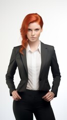 Poster - Generative AI red-haired woman in a suit on a white background dynamic pose