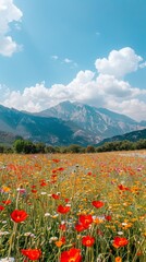Poster - A field of flowers with a mountain in the background. The sky is blue and the sun is shining