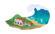© ApoevArt - Tsunami running on resort town 2D cartoon objects. Rolling huge wave after undersea earthquake natural disaster vector scene on white background
