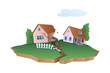 © ApoevArt - Deep trench between houses after earthquake 2D cartoon objects. Destruction of village caused by natural disaster vector scene on white background