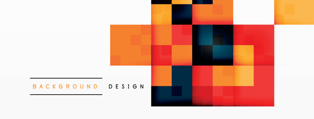 Poster - The colorful background with squares on a white background creates a vibrant and symmetrical pattern. The rectangles in shades of orange and electric blue add to the material property of the design