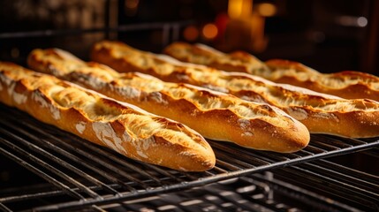 Poster - Generative AI Baguettes cooling on a wire rack after being baked to golden perfection in a traditional brick oven