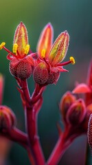 Aufkleber - A close up of a red flower with yellow centers. The flower is surrounded by green leaves. Concept of beauty and vibrancy, as the bright red petals contrast with the green leaves