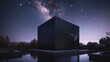 © ZUBI CREATIONS - Luxurious cubic home with black matte finish and a surrounding moat under a starry sky.