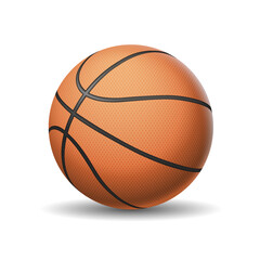 Sticker - Basketball ball realistic vector illustration. Team sports game rubber accessory. Leisure activity inventory 3d object on white background