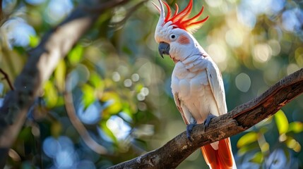 Poster - A white and red parrot with vibrant feathers sits perched on a tree branch. The bird is alert and observant in its natural habitat.
