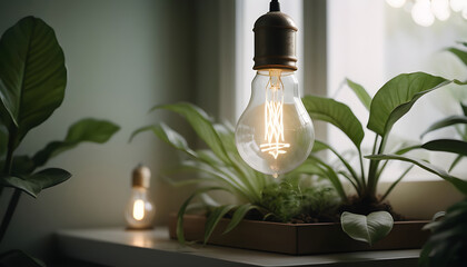 Light bulb is surrounded, with greenery bokeh and on a dark background, The light came through the window