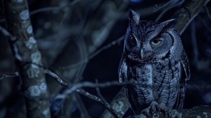Poster - An Eastern Screech Owl is perched on a tree branch, displaying its distinctive ear tufts and sharp beak. The owls large, round eyes are alert, scanning its surroundings for potential prey or predators