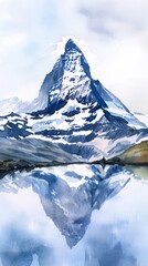 Poster - A watercolor painting depicting the Matterhorn mountain reflecting in still water, creating a serene and beautiful scene. The mountains majestic peak is mirrored perfectly in the calm waters below.