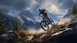 Generative AI A detailed rendering of a mountain biking scene, capturing the essence of the sport with a rider traversing challenging trails against a mountainous backdrop