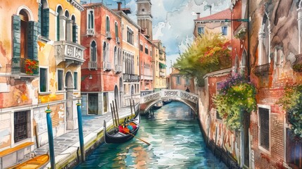 Aufkleber - A painting of a canal in Venice with a gondola on it. The mood of the painting is serene and peaceful