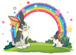 Two cartoon rabbits playing under a colorful rainbow