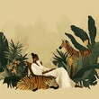 Elegant Woman with Zebras in a Tropical Oasis