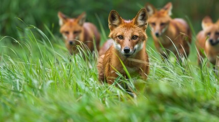 Aufkleber - A fox is standing in a field of grass with other foxes. The fox is looking at the camera