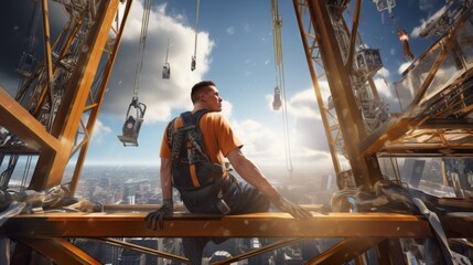 Poster - Generative AI A detailed visualization capturing the intense focus of a crane operator handling intricate controls while suspended high above a construction site.