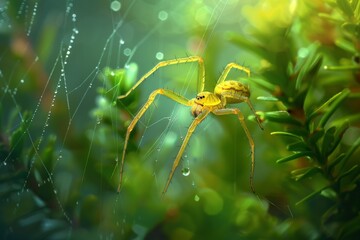 A spider is sitting on a leaf in a green forest. The spider is yellow and has a web on its back