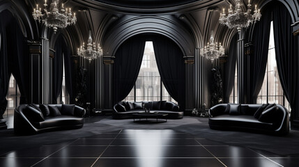 Poster - AI generated illustration of a luxurious living room with elegant curtains and black sofas