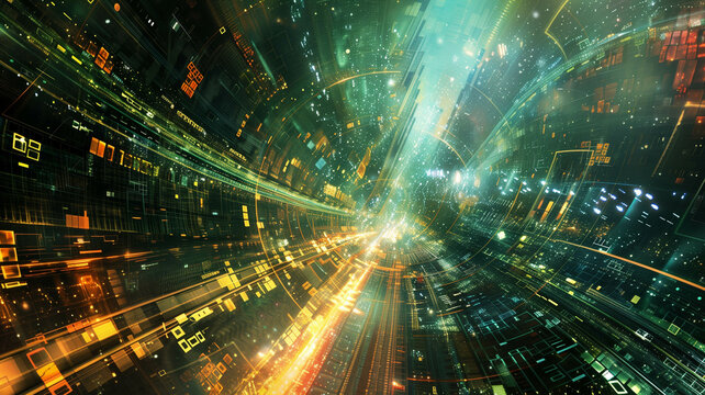 Illustration of a cyberspace realm where files take on physical forms and travel through digital highways. Ai generated