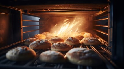 Poster - Generative AI Chef baking bread in a commercial oven, skilled baking process, kitchen ambiance with baking equipment visible