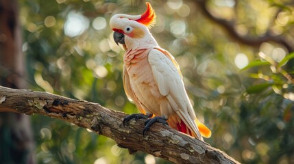 Poster - A white and orange cockatoo is sitting on a gnarled tree branch, surrounded by leaves. The bird is still and alert, with its vibrant colors standing out against the green foliage.