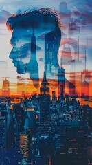 Poster - A double exposure showing a mans face superimposed against a cityscape background. The mans features are highlighted in contrast to the urban skyline behind him.