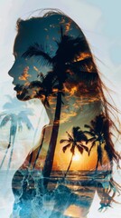 Poster - A womans face is captured in the foreground, with tall palm trees standing in the background. The womans expression is neutral as she gazes ahead, while the palm trees create a tropical backdrop.